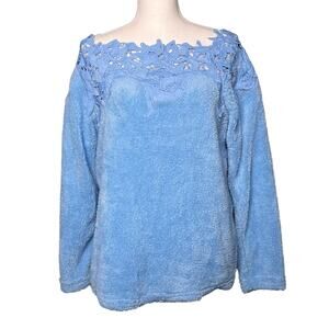 Blue Fuzzy Fleece Off the Shoulder Pullover Sweatshirt Battenburg Lace Size M/L